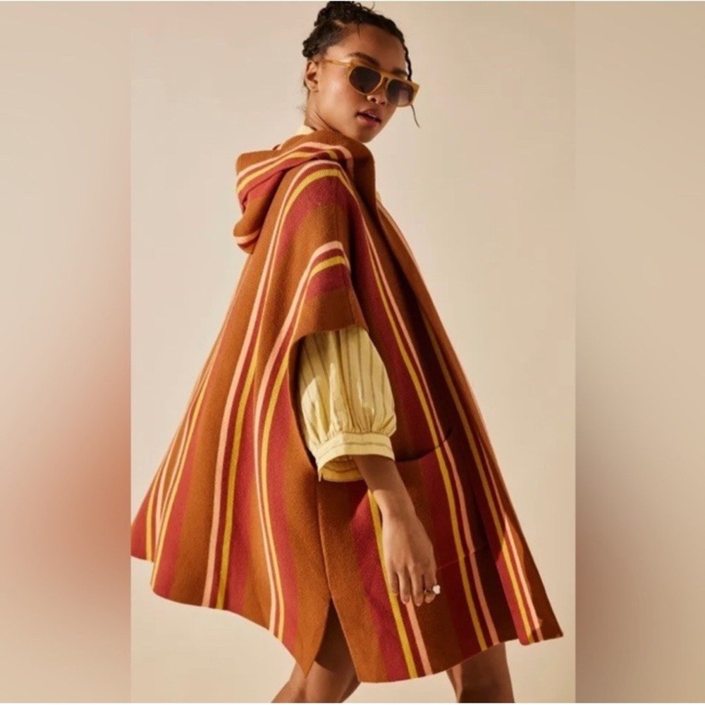 Free People All I Need Striped Hooded Poncho‎ Cardigan Sweater O/S Amber Boho